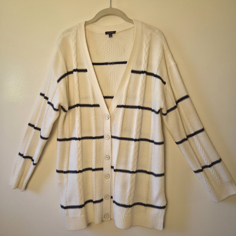 Talbots Boyfriend V-Neck Button Cardigan Sweater Sz L White Cable Knit Preppy